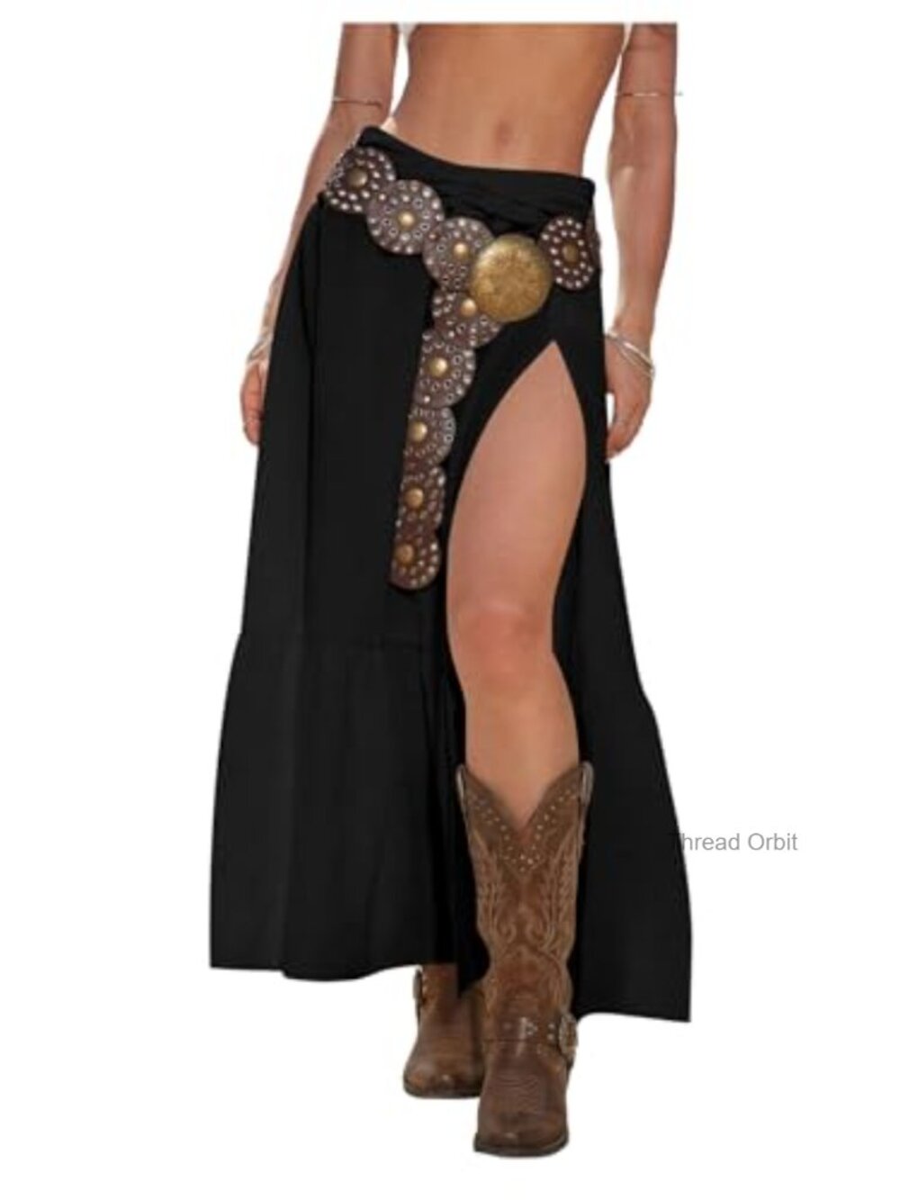 Women's High Slit Maxi Skirt Ruffle Hem Low Rise Flowy Boho Cowgirl